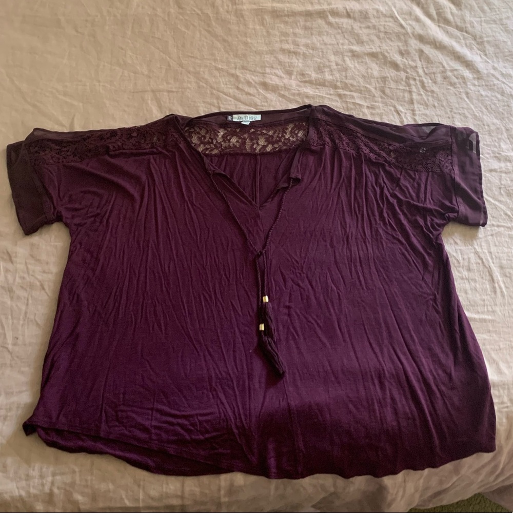 Jennifer Lopez Plum Lace-Trim Short Sleeve Blouse